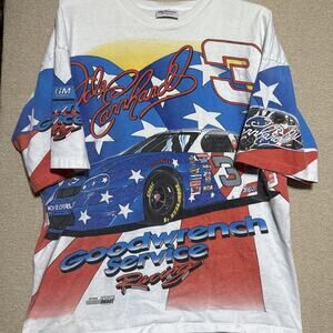 Vtg 1996 Chase Racewear #3 Dale Earnhardt American Flag AOP T shirt Size Large